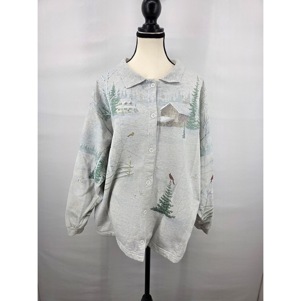 Vintage Artisans Sunschein Designs Winter Scene Button Sweatshirt XL Cardinals